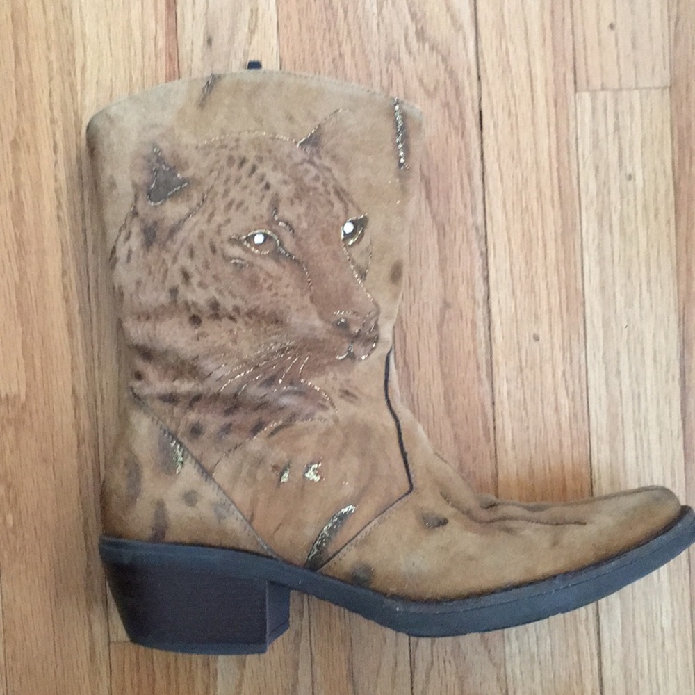 Suede Rhinestone Tiger Print Cowgirl Style Boots